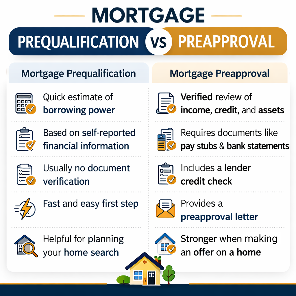 Side-by-side comparison of mortgage prequalification versus preapproval: what each requires, how long it takes, and what sellers think