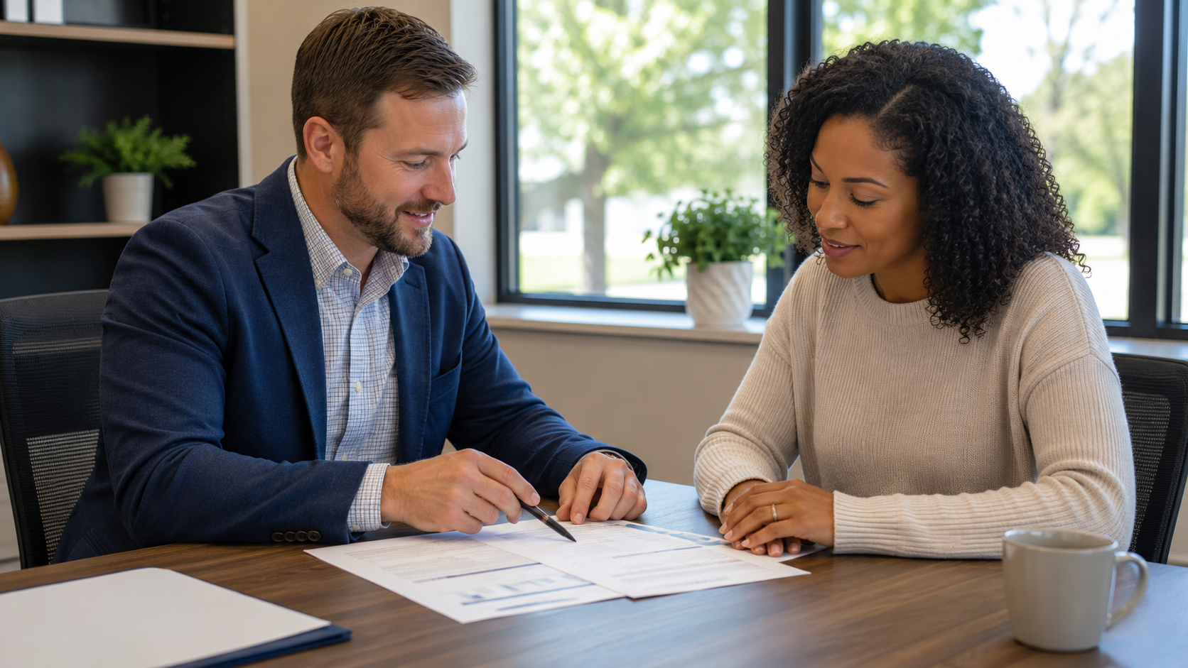 Mortgage advisor and homebuyer reviewing home financing options together