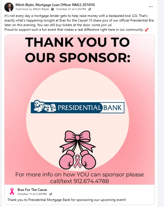 Presidential Bank Mortgage sponsor recognition for Bras for the Cause