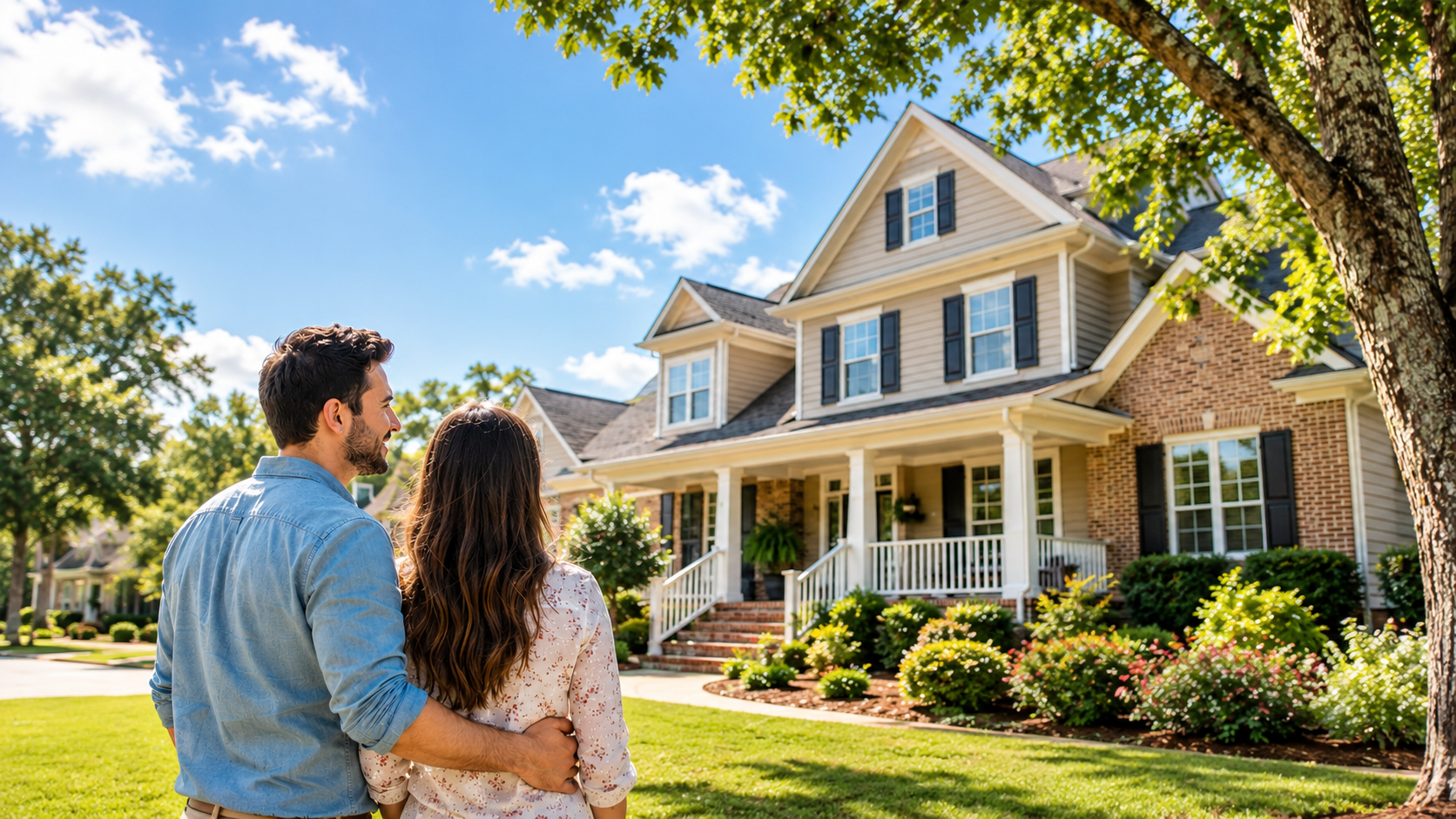 Homebuyers standing outside a welcoming Georgia home